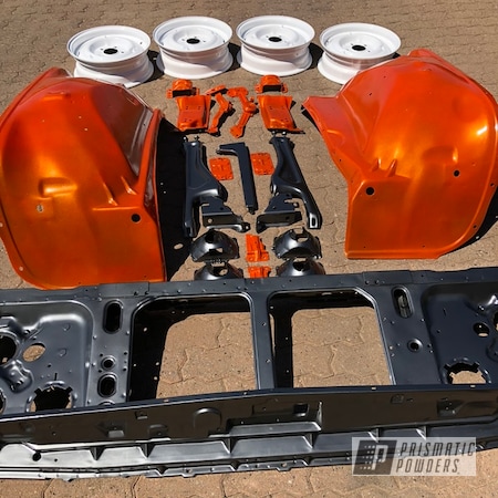 Powder Coating: Cloud White PSS-0408,ULTRA BLACK CHROME USS-5204,Chassis Parts,Clear Vision PPS-2974,Restoration,Automotive,Illusion Tangerine Twist PMS-6964