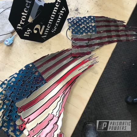 Powder Coating: Metal Art,Tattered Flag,American Flag,Clear Vision PPS-2974,Boutique Sign,Stardust Blue PPB-4676,LOLLYPOP RED UPS-1506,Multi-Powder Application,Art