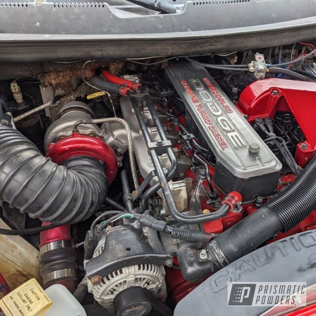 Engine Parts Powder Coated In Alien Silver And Wilder Red