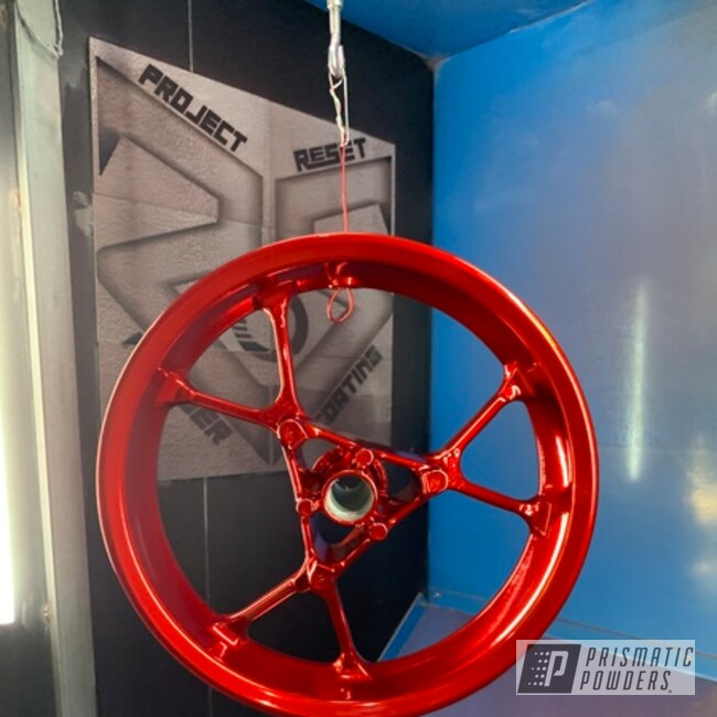 Motorcycle Wheels Powder Coated In Deep Red And Super Chrome Plus