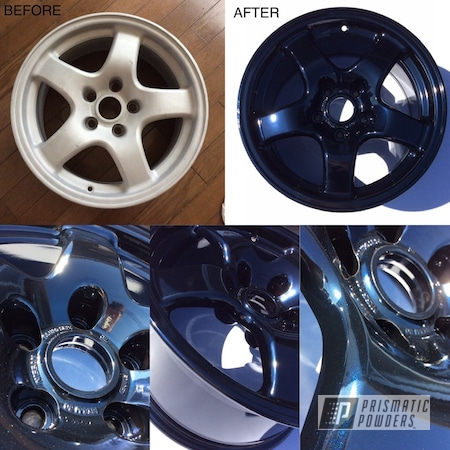 Powder Coating: Wheels,GTR,Automotive,Nissan,Skyline,17" Wheels,Dark Blue Metallic PMB-5701,Before and After,Nissan Wheels