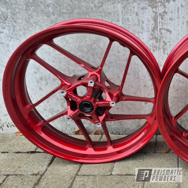 Motorcycle Wheels Powder Coated In Jr Rockstar Sparkle, Lollypop Red And Super Chrome Plus