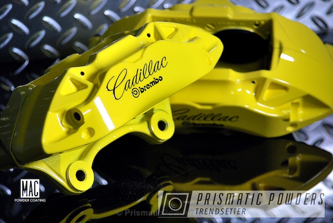 Powder Coating: Two Coat Powder Coat Application,Cadillac Brake Calipers,Electric Yellow PSS-2834,Clear Vision PPS-2974,Automotive,Custom Auto Parts