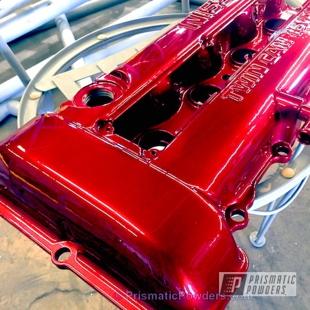 Powder Coating: Automotive,Nissan,Soft Red Candy PPS-2888,Nissan Twin Cam,Valve Cover,Powder Coated Automotive Parts