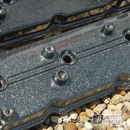 Powder Coating: Ink Black PSS-0106,Disco Clear,Valve Covers,Automotive,Disco Pewter PPB-7050