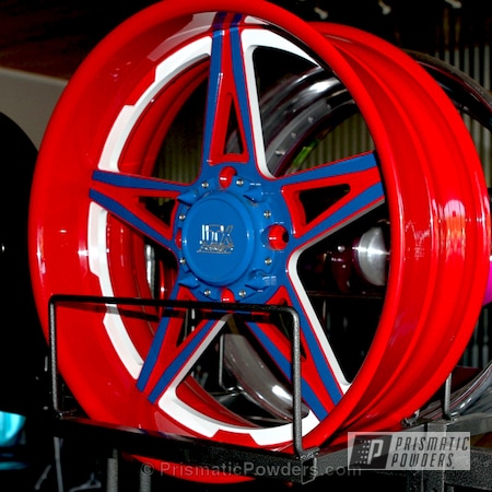 Powder Coating: Passion Red PSS-4783,Red-White-and-Blue Theme,Custom Powder Coated Wheels,Automotive,Off-Road,Snowcone White PSS-4369,Triple Tone Wheels,RAL 5017 Traffic Blue,Wheels