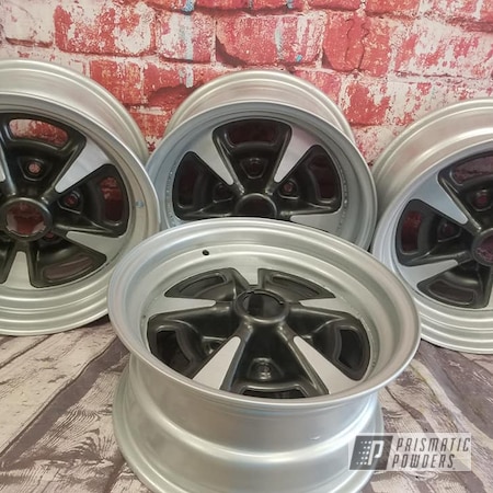 Powder Coating: Wheels,Automotive,Evo Grey PMB-5969,2 Color Application,Rally Wheels,Alloy Silver PMS-4983,Refinish,Two Toned,Rim Refinishing,14" Wheel