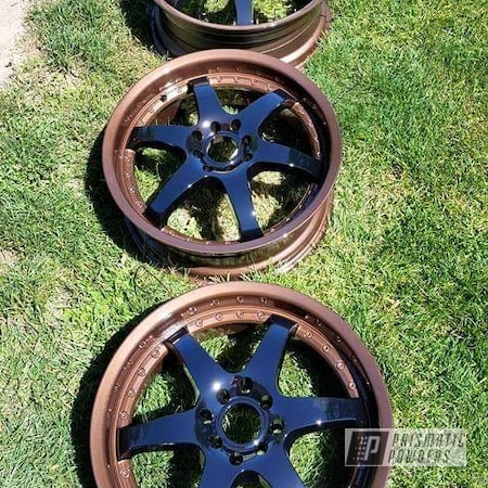 Powder Coating: Ink Black PSS-0106,2 Tone,Two Stage Application,Custom 2 Coats,Clear Vision PPS-2974,Multi-Powder Application,17" Wheels,Automotive,17s,VANDOOZY COPPER UMB-6675,Wheels,Two Tone