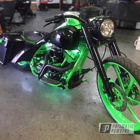 Powder Coating: Motorcycles,Glowbee Clear PPB-4617,Neon Green PSS-1221,Harley Davidson Glowing,Custom Powder Coated Motorcycle