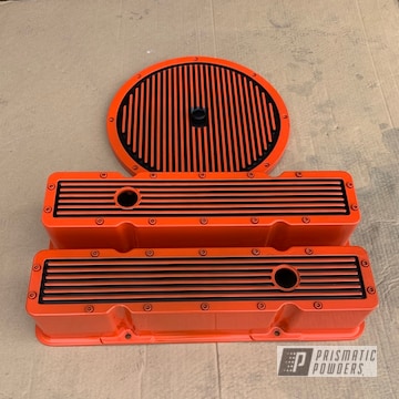 Powder Coated Orange And Black Edelbrock Valve Covers And Air Cleaner Lid