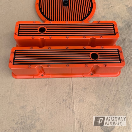 Powder Coating: Matte Black PSS-4455,Automotive,Edelbrock,Valve Covers,Air Cleaner Lid,Chevy Orange PSS-0163