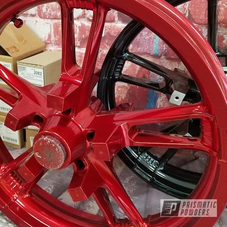 Powder Coating: Motorcycles,Motorcycle Rims,Transparent Powder Coating,Two Stage Application,SUPER CHROME USS-4482,Harley Davidson,LOLLYPOP RED UPS-1506,Automotive,Wheels