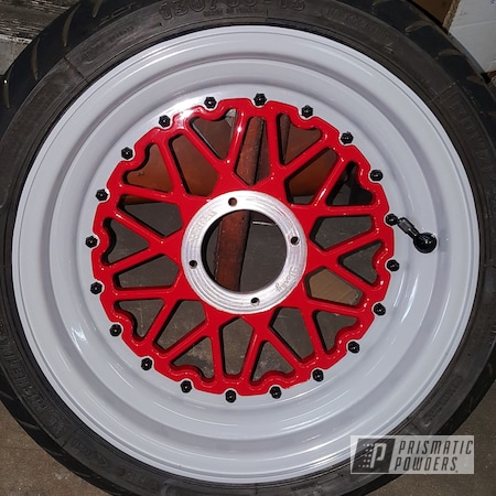 Powder Coating: Ink Black PSS-0106,Motorcycles,Motorcycle Rims,2 Tone Rims,Astatic Red PSS-1738,RAL 7042 Traffic Grey A,Automotive,Wheels