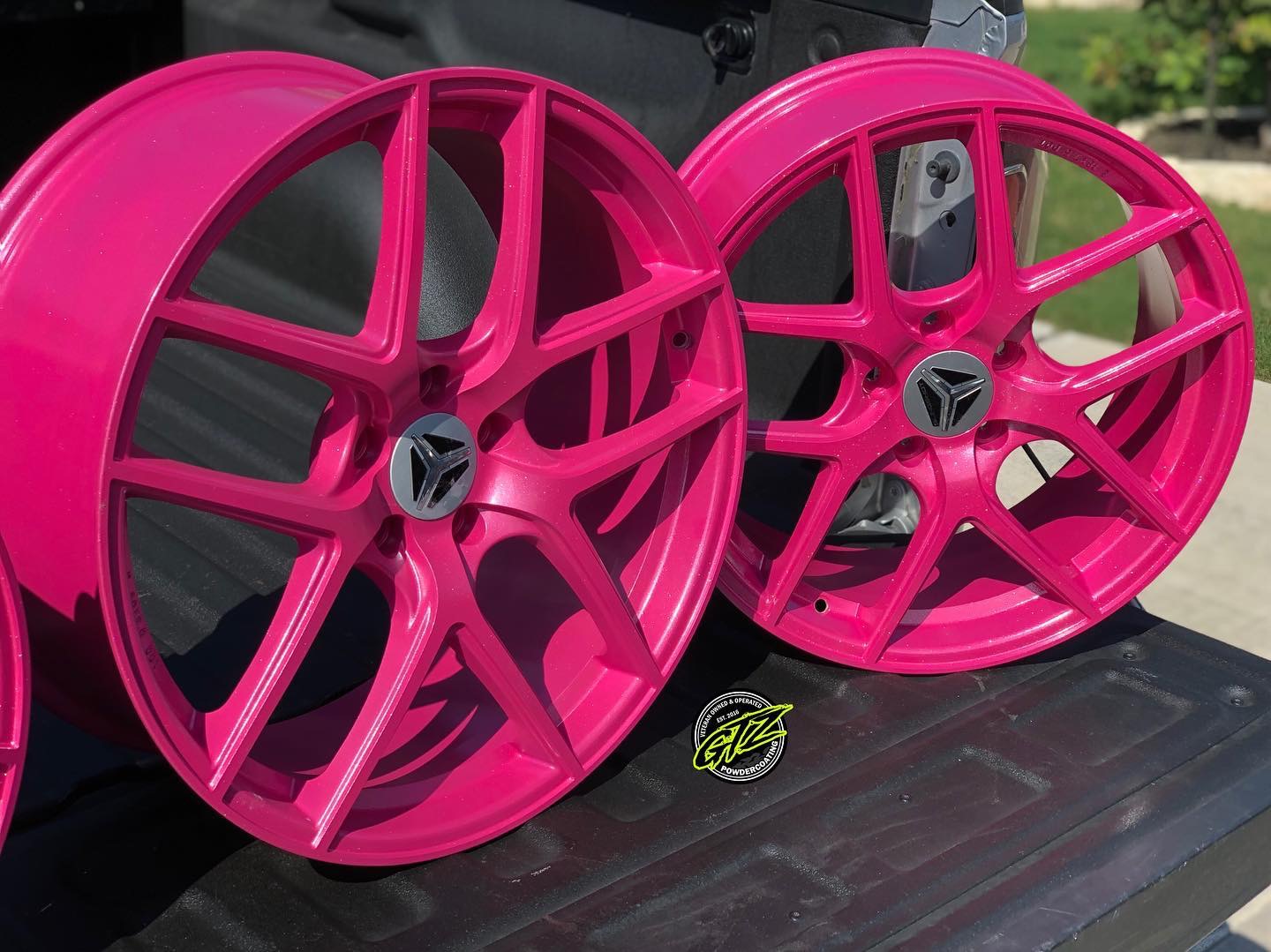 Metallic Pink Rims Custom Rims in Lazer Polka Dot Pink | Prismatic Powders