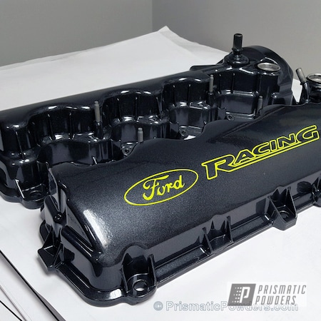 Powder Coating: Valve Cover,Valve Covers,Ford,Ford Racing,Cadillac Grey PMB-6377,Clear Vision PPS-2974,Automotive,Chartreuse Sherbert PSS-7068