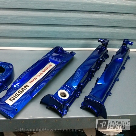 Powder Coating: Nissan,Intense Blue PPB-4474,Valve Cover,SUPER CHROME USS-4482,chrome,Skyline,Automotive