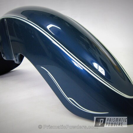 Powder Coating: Motorcycles,Custom,Pearl White PMB-4364,Fuel Tank,Kail Blue PMB-6752,Clear Vision PPS-2974,Blue,fender,blue in Kail Blue,powder coated,pin stripping