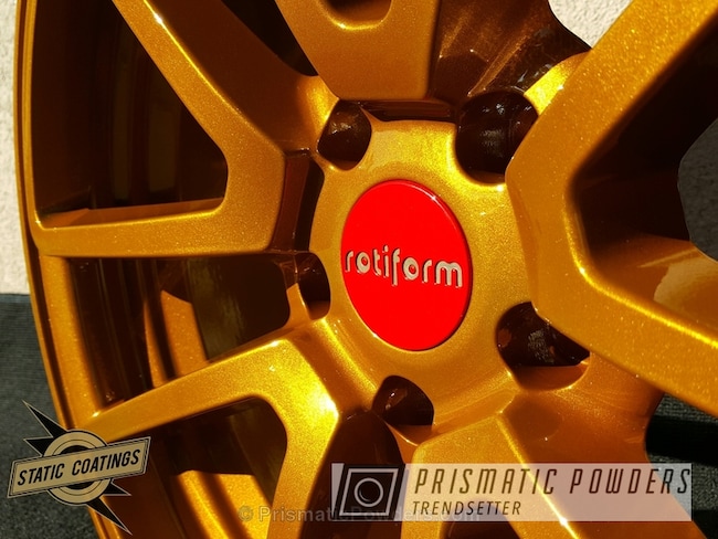 Powder Coating: Rotiform Wheels,Clear Top Coat,Gold,Clear Vision PPS-2974,Illusion Spanish Fly PMB-6920,powder coated,Wheels
