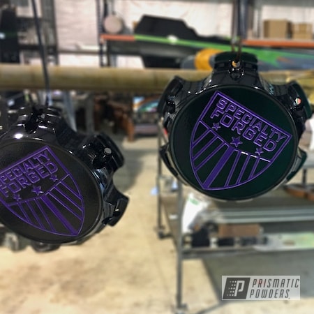 Powder Coating: Custom Automotive Wheels,Specialty Forged Caps,Clear Vision PPS-2974,Illusion Purple PSB-4629,Multi-Powder Application,Automotive,Clear Top Coat Applied,Wheels