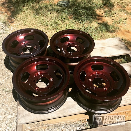 Powder Coating: Wheels,Multi-Powder Application,Automotive,Clear Vision PPS-2974,MIXED BERRY UPB-5992,Clear Top Coat Applied,Old School Slots,VW Black PMB-2650