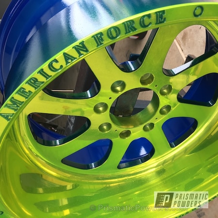 Powder Coating: Clear Top Coat,Clear Vision PPS-2974,Multi-Powder Application,American Force Wheels,Automotive,Shocker Yellow PPS-4765,Custom Wheels,Illusion Smurf PMB-6909,Wheels
