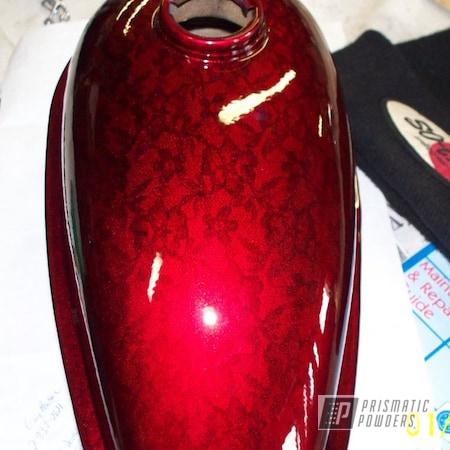 Powder Coating: Heavy Silver PMS-0517,Powder Coated Motorcycle Gas Tank,LOLLYPOP RED UPS-1506,GLOSS BLACK USS-2603,Motorcycles,Custom 2 Coats