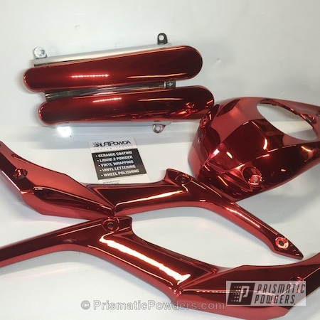Powder Coating: Motorcycles,Powder Coated Yamaha Motorcycle Components,Deep Red PPS-4491