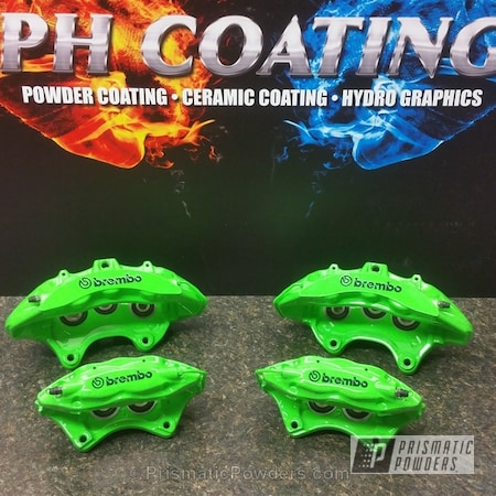 Powder Coating: Clear Vision PPS-2974,Automotive,Energy Green PSB-6669,Powder Coated Z11 Brembo Brake Calipers