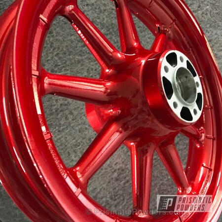 Powder Coating: Harley Wheels,Motorcycles,Clear Top Coat,Clear Vision PPS-2974,Custom Motorcycle Wheels,Illusion Red PMS-4515