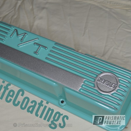Powder Coating: Chevrolet Valve Cover,Valve Cover,Sea Foam Green PSS-4063,Clear Top Coat,Custom Automotive Parts,Clear Vision PPS-2974,Alien Silver PMS-2569,Three Powder Application,Automotive,Mickey Thompson Valve Covers