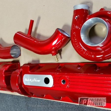 Powder Coating: Automotive,Silver Sparkle PPB-4727,Engine Components,Powder Coated Engine Components over Brushed Metal,Rancher Red PPB-6415
