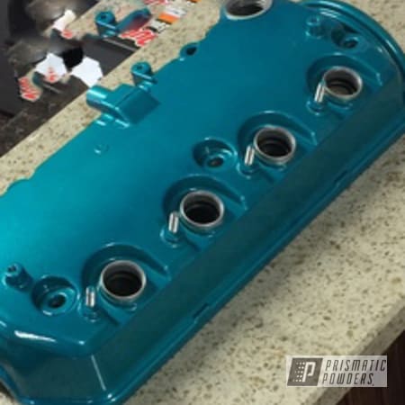 Powder Coating: Automotive,JAMAICAN TEAL UPB-2043,Powder Coated Valve Cover,Alien Silver PMS-2569,Valve Cover