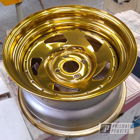Powder Coating: Gold BDE Wheels,Chrome Plate Base,Brassy Gold PPS-6530,Single Powder Application,chrome,Automotive,Wheels