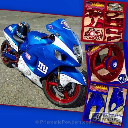 Powder Coating: Motorcycles,Empire Blue PPB-4585,Custom Motorcycle,NY Giants Theme,Soft Red Candy PPS-2888,Suzuki Hayabusa