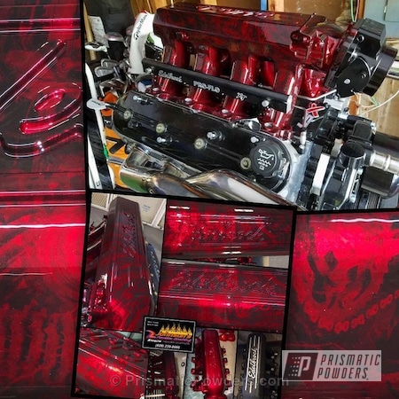 Powder Coating: Powder and Hydrographics,Edelbrock Highrise Intake,Bio Mechanical over Powder,Single Powder Application,Soft Red Candy PPS-2888,Automotive