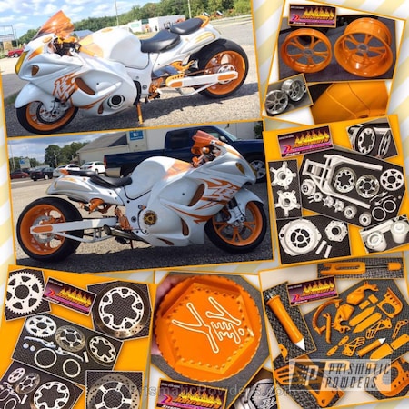 Powder Coating: Motorcycles,Gloss White PSS-5690,Suzuki Hyabusa,Custom Motorcycle Parts,RAL 2000 Yellow Orange