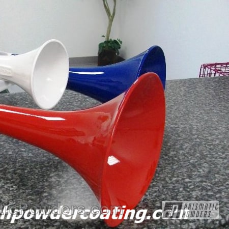 Powder Coating: Custom,RAL 5010 Gentian Blue,White,powder coating,Miscellaneous,train horns,Blue,Red Wheel PSS-2694,Polar White PSS-5053,Red,Prismatic Powders,powder coated