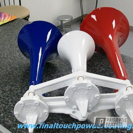 Powder Coating: Custom,RAL 5010 Gentian Blue,White,powder coating,Miscellaneous,train horns,Blue,Red Wheel PSS-2694,Polar White PSS-5053,Red,Prismatic Powders,powder coated