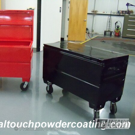 Powder Coating: Ink Black PSS-0106,Custom,powder coating,Miscellaneous,Red Wheel PSS-2694,Black,Red,Prismatic Powders,portable trunks,powder coated
