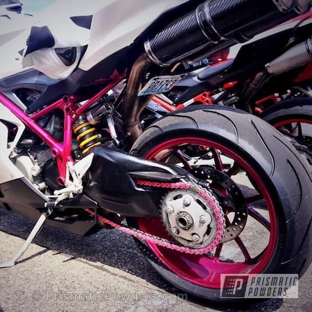 Powder Coating: Motorcycles,LOLLYPOP BERRY UPS-1509,Clear Vision PPS-2974,Alien Silver PMS-2569