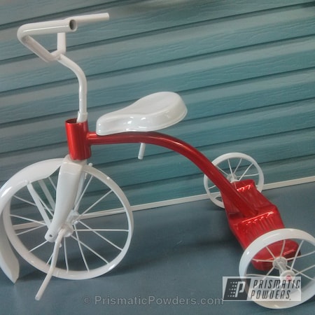 Powder Coating: Clear Top Coat,Bicycles,Clear Vision PPS-2974,Three Powder Application,Tricycle,Snowcone White PSS-4369,Illusion Red PMS-4515