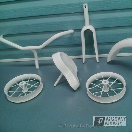 Powder Coating: Clear Top Coat,Bicycles,Clear Vision PPS-2974,Three Powder Application,Tricycle,Snowcone White PSS-4369,Illusion Red PMS-4515