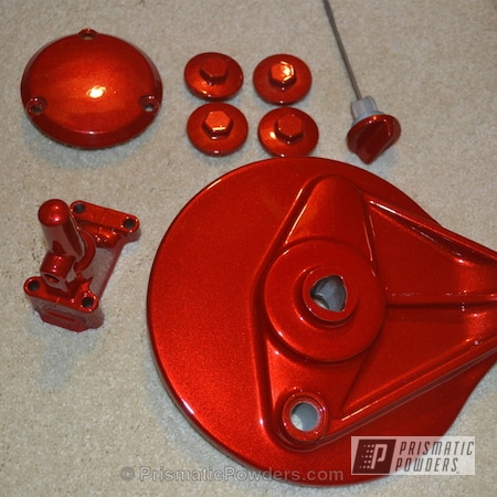 Powder Coating: Splatter Rockwell Bronze PWB-2883,Custom,Clear Vision PPS-2974,Red,powder coating,Illusion Red PMS-4515,powder coated,Prismatic Powders,Motorcycles,Honda CB350 twin