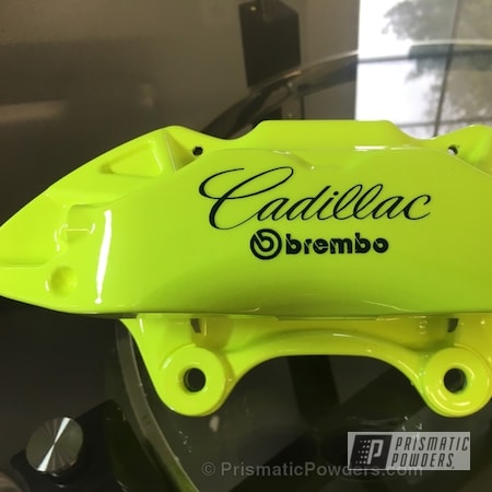 Powder Coating: Clear Top Coat,Clear Vision PPS-2974,Brembo Brake Calipers,Automotive,Cadillac Script,Neon Yellow PSS-1104