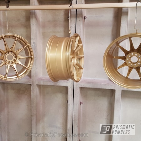 Powder Coating: Clear Top Coat,Gold Wheels,Two Stage Application,Clear Vision PPS-2974,Bismark Gold PMB-2015,Automotive,Custom Automotive,Wheels