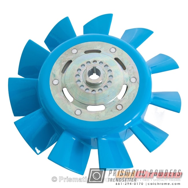 Powder Coating: Engine Fan,Clear Top Coat,Gumball Blue PSS-6928,Engine Components,Clear Vision PPS-2974,Automotive,Solid Tone