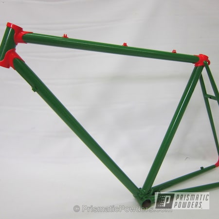Powder Coating: Custom,Bicycles,Tomaco Green PMB-4054,RAL 3018 Strawberry Red,powder coating,Watermelon Themed Bicycle Frame,powder coated,Prismatic Powders
