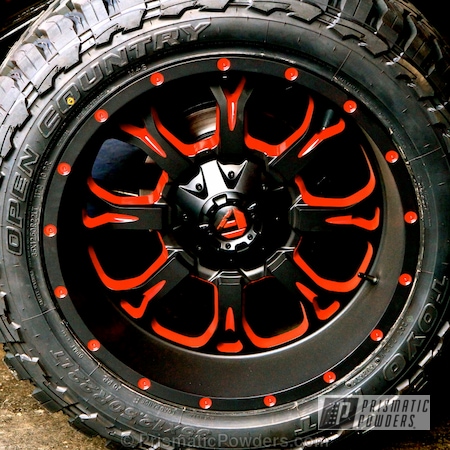 Powder Coating: Red and black wheels,Silk Satin Black HSS-1336,powder coating,Rexford Red PMB-1634,Jeep Wheels,Prismatic Powders,Custom Wheels,powder coated,Wheels