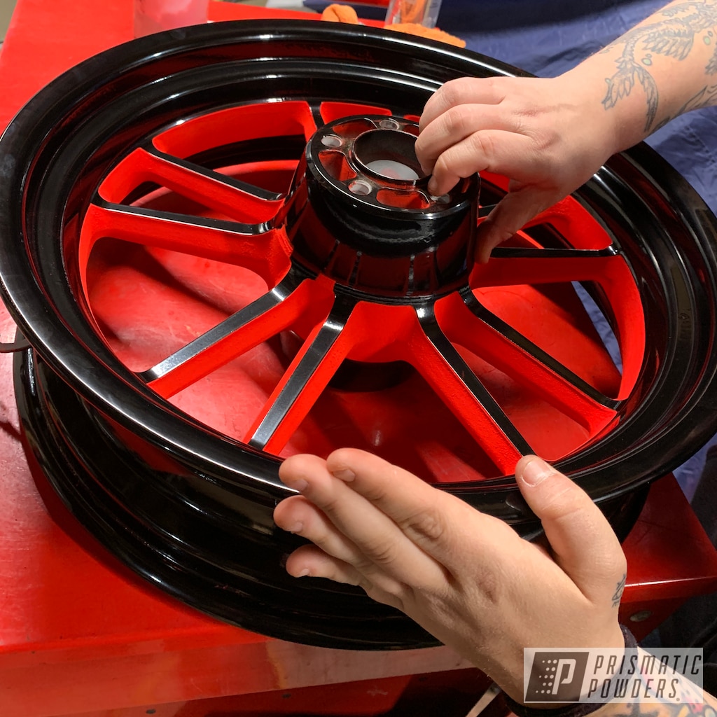 Two Tone Motorcycle Rims finished in Racer Red | Prismatic Powders