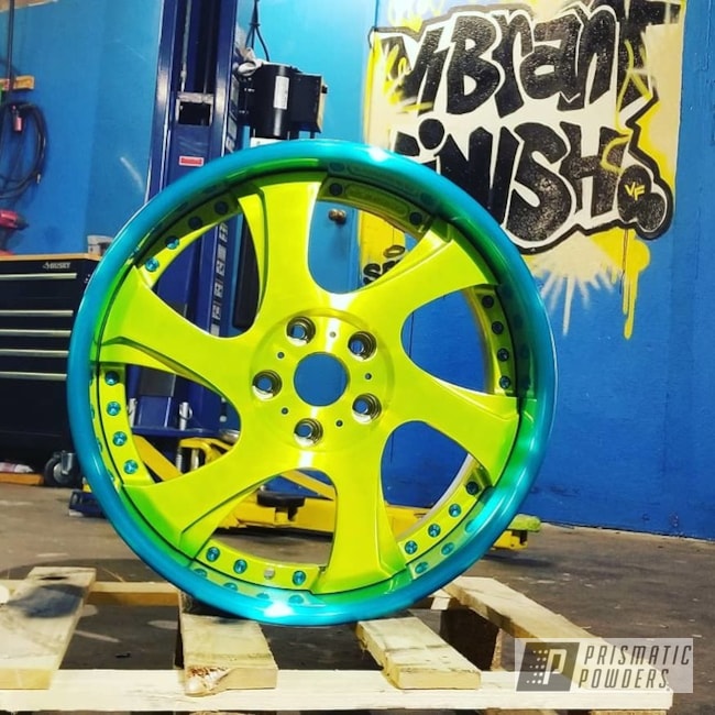Powder Coated Teal And Yellow 3pc Wheels